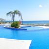 Piscina e palma vicino al mare, cielo limpido e azzurro.